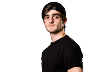Young man in black shirt and cap with serious expression