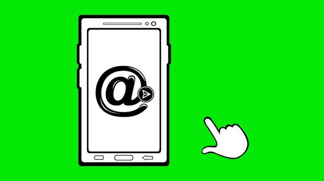 video animation drawing black and white hand click push arroba electronic mail button mobile phone concept icon, on a green chroma key background