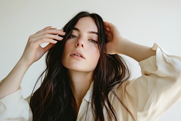 Fototapeta premium Serene pretty woman making sleep gesture with her eyes closed. Beautiful lady. Sleep concept. Isolated front view on white background.