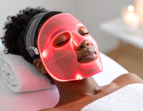 Woman relaxing with a red light face mask - Powered by Adobe