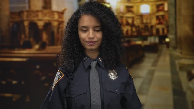 Hispanic woman police officer in uniform smiling indoors, standing in a church backdrop, projecting confidence and professionalism in a serene environment.
