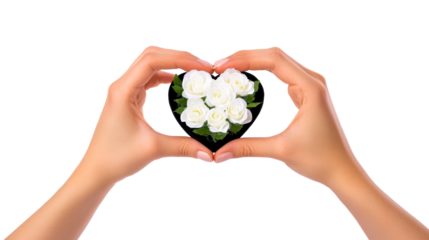 Hands forming heart shape with white roses in black background