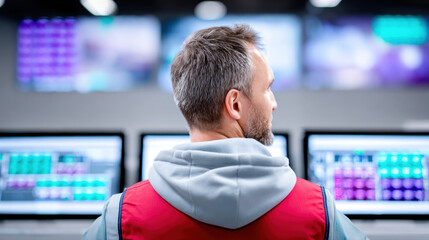 Fototapeta premium Donut factory, Supervisor overseeing production in a control room setting, managing workflow and team performance.