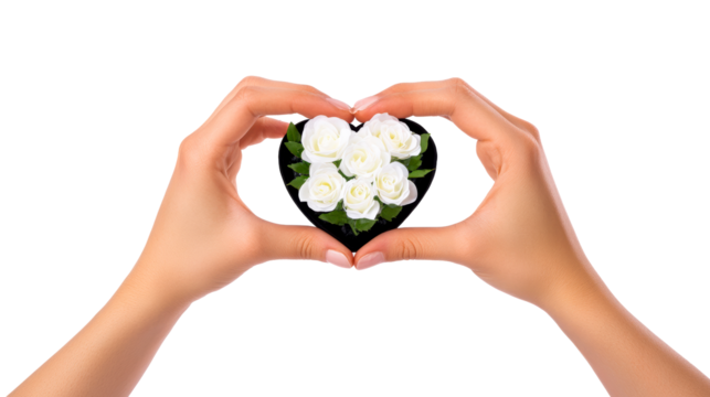 Hands forming heart shape with white roses in black background - Powered by Adobe
