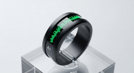 Futuristic Smart Ring with Green Display on Transparent Display Stand