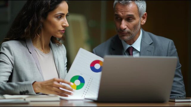 Strategic Analysis: A dynamic duo of business professionals meticulously analyze a data chart, using a sleek laptop to dissect insights within a modern office environment. 
