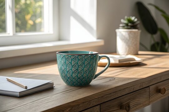 Cozy morning scene with a decorative teal mug and notebook by a sunlit window