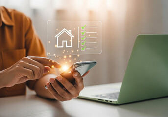 Person using smartphone with smart home technology overlay