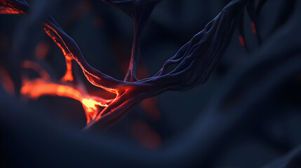 Intricate network of branching structures, illuminated by glowing points of energy. Detailed close-up view of complex, dark, and fibrous network, with highlighted glowing centers