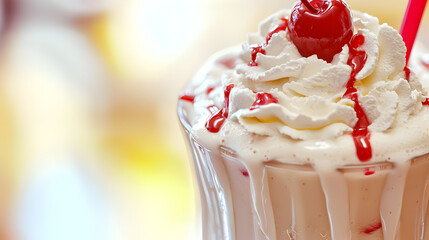 Creamy milkshake topped with whipped cream and a cherry. Drizzled with red syrup