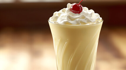 Creamy, pale yellow milkshake topped with whipped cream and a cherry