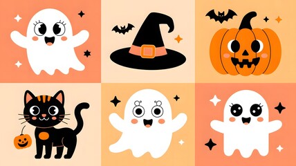 Naklejka premium Adorable halloween characters featuring ghosts a black cat a witch s hat and a jack o lantern
