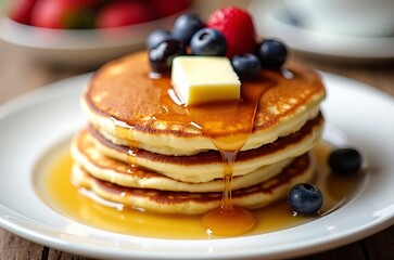 Fluffy Buttery Pancakes Spring Breakfast with Blueberries ai generated