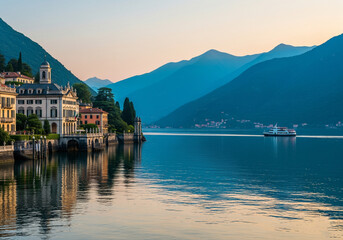 Obraz premium Serene View of a Classic Villa and Ferry on Lake Como at Dusk
