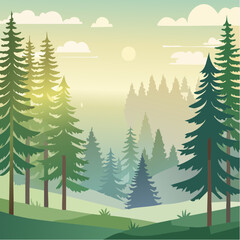 Obraz premium Serene evergreen forest vista bathed in soft morning sunlight with misty hills and clouds