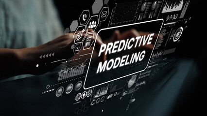Hands Engaging with Digital Interface Displaying Predictive Modeling and Data Analytics Concepts in Modern Technology Environment. Asymptotic smart data analytic.