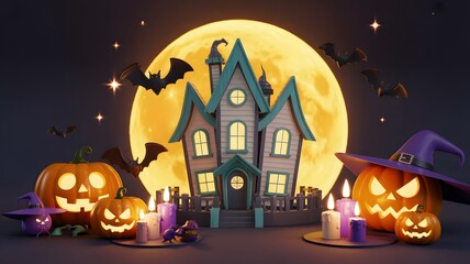 Fototapeta premium Spooky halloween scene featuring a haunted mansion jack o lanterns and a giant full moon