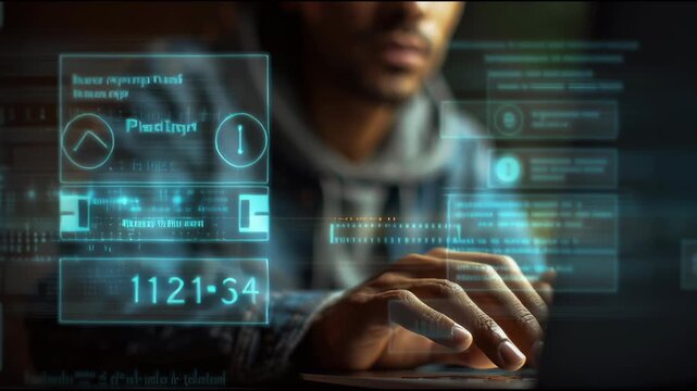 Digital Fortress: A digital mastermind intensely focused on an advanced display. The scene is lit, hinting at technological mastery and the modern digital age.