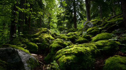 **Vibrant green moss covering rocks in a forest