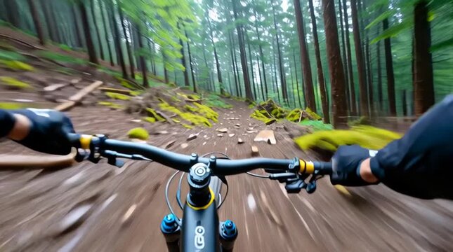 Adventurous mountain biking journey through dense forest path with lush surroundings