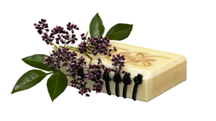 Natural soap with floral accents on transparent background