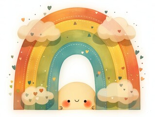 Minimalist Smiling Rainbow Watercolor Illustration, Flat Borderless Design on White Background