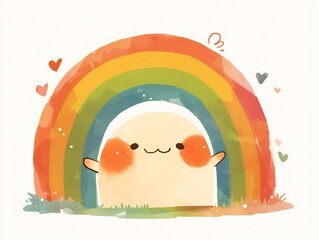 Minimalist Smiling Rainbow Watercolor Illustration, Flat Borderless Design on White Background