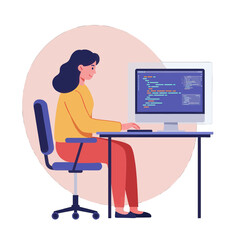 Woman Coding on Computer Sitting at Desk Vector Illustration Style.