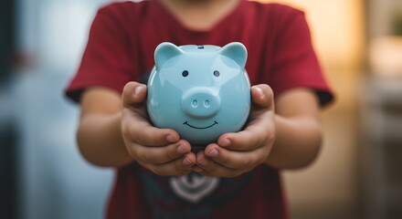 Young child saving money with blue piggy bank concept