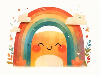 Minimalist Smiling Rainbow Watercolor Illustration, Flat Borderless Design on White Background