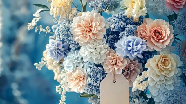 Beautiful bouquet of flowers and tag. Selective focus. Nature.