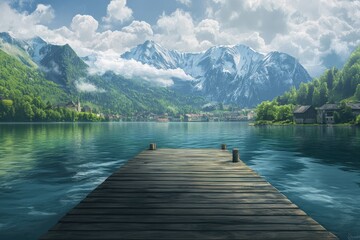 a wooden pier leading across a lake surrounded by mountains