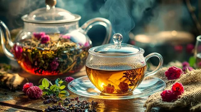 herbal tea pouring into a glass. Selective focus.