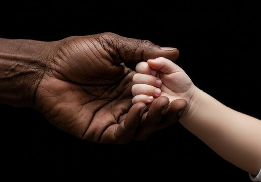 A darkskinned adult hand holds a childs hand, symbolizing unity and care