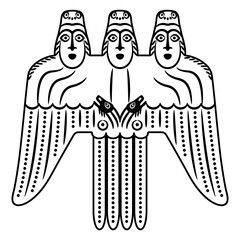 Fantastic winged character with three heads. Permian animal style. Ethnic figurine of totem ancestor or pagan deity from ancient Siberia. Black and white linear silhouette.