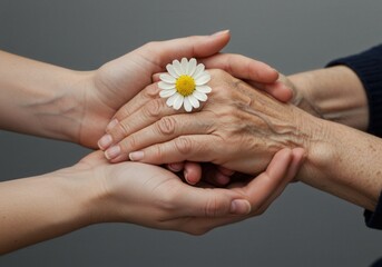 A young hand gently places a daisy on an elderly hand, showing care