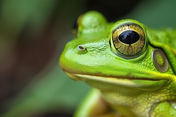 Extreme close up of a vibrant green frog, highlighting its golden eye and smooth, textured skin