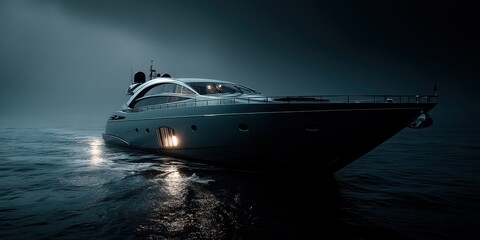 A sleek, modern yacht gliding through dark waters, showcasing luxury design and sophistication against a minimalist backdrop.