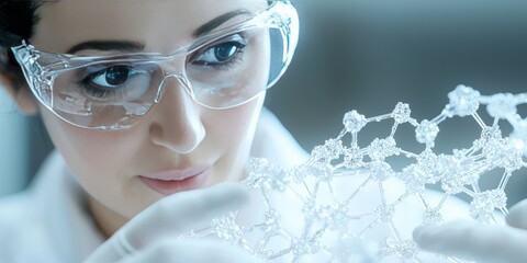 A scientist wearing protective glasses closely examines a detailed molecular model in a laboratory setting.