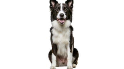 Black and white border collie sitting with a cheerful expression