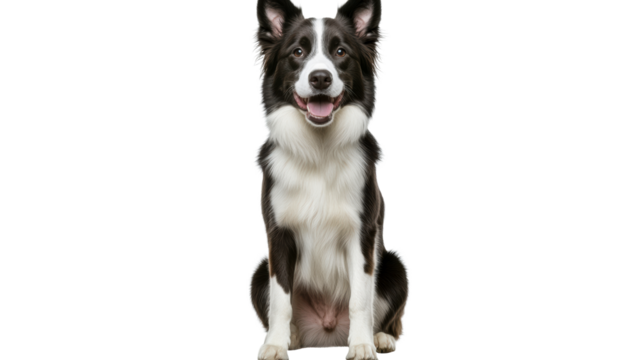 Black and white border collie sitting with a cheerful expression