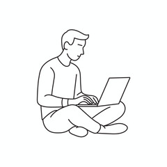 Minimalist Line Art of Man Sitting with Laptop 