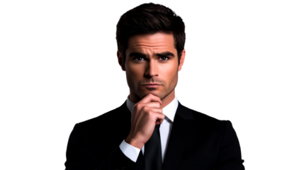 Young man in suit pondering with serious expression on face