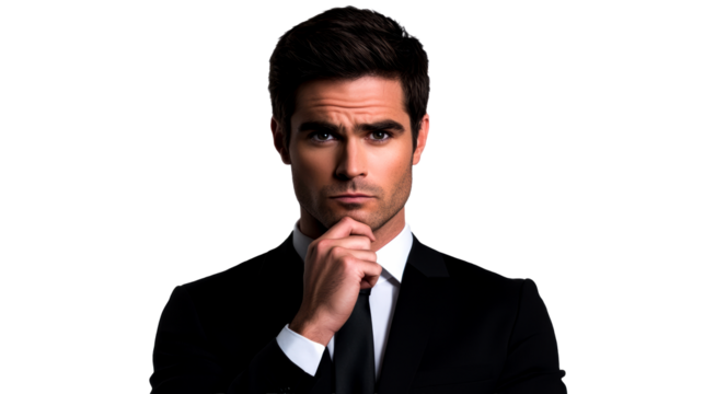 Young man in suit pondering with serious expression on face