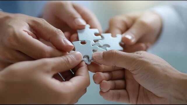 Collaboration and Unity: A close-up shot of hands coming together to complete a puzzle, symbolizing teamwork, collaboration, and the power of unity. 