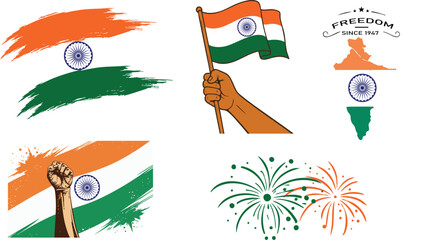 happy independence day india vector with tricolor indian flag, ashoka chakra, fireworks, raised fist, brush strokes and patriotic symbols for 15 august celebration