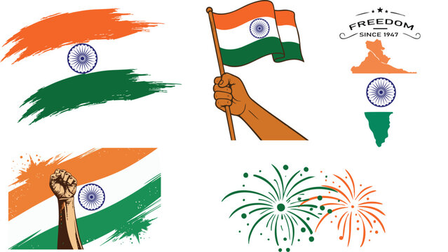 happy independence day india vector with tricolor indian flag, ashoka chakra, fireworks, raised fist, brush strokes and patriotic symbols for 15 august celebration