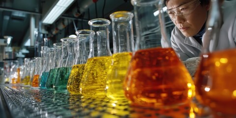 Close-up of scientist mixing chemicals in glass flasks with vibrant liquids in laboratory setting. Focus on scientific innovation, experiment, and precise development in R&D context.