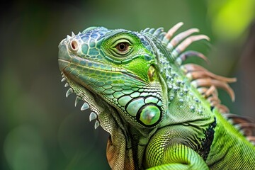 Fototapeta premium Close up of a vibrant green iguana showcasing its intricate scales and captivating gaze in a lush rainforest setting