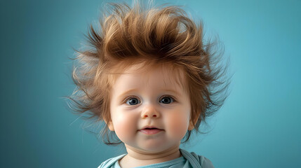 Adorable baby with wild, fluffy hair, smiling at the camera against a teal background.  The baby's expression is joyful and innocent